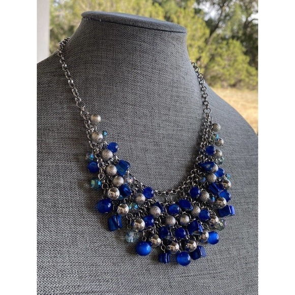 Necklace Fashion Apron Beaded Silver Tone Blue 19”+3” - Picture 2 of 9